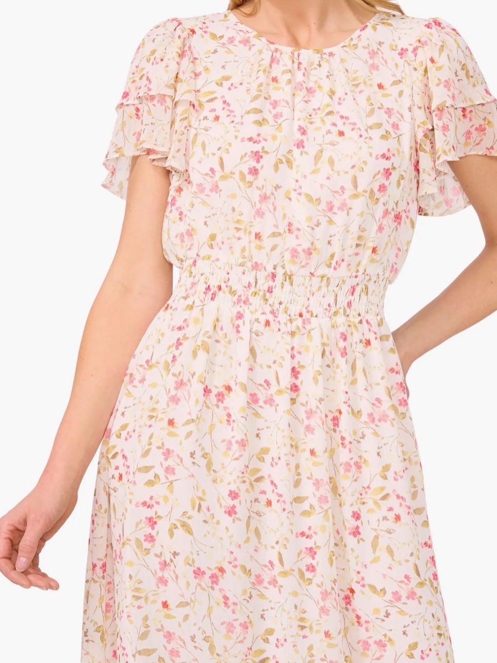 CeCe Smocked Waist Floral Maxi Dress in Pink and Cream - Picture 4 of 5